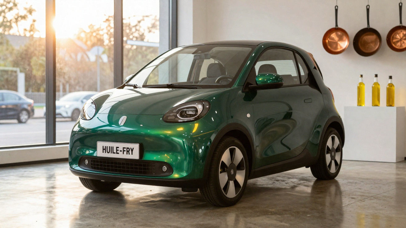 Voiture électrique compacte verte exposée dans un showroom moderne avec fenêtres et décoration murale.