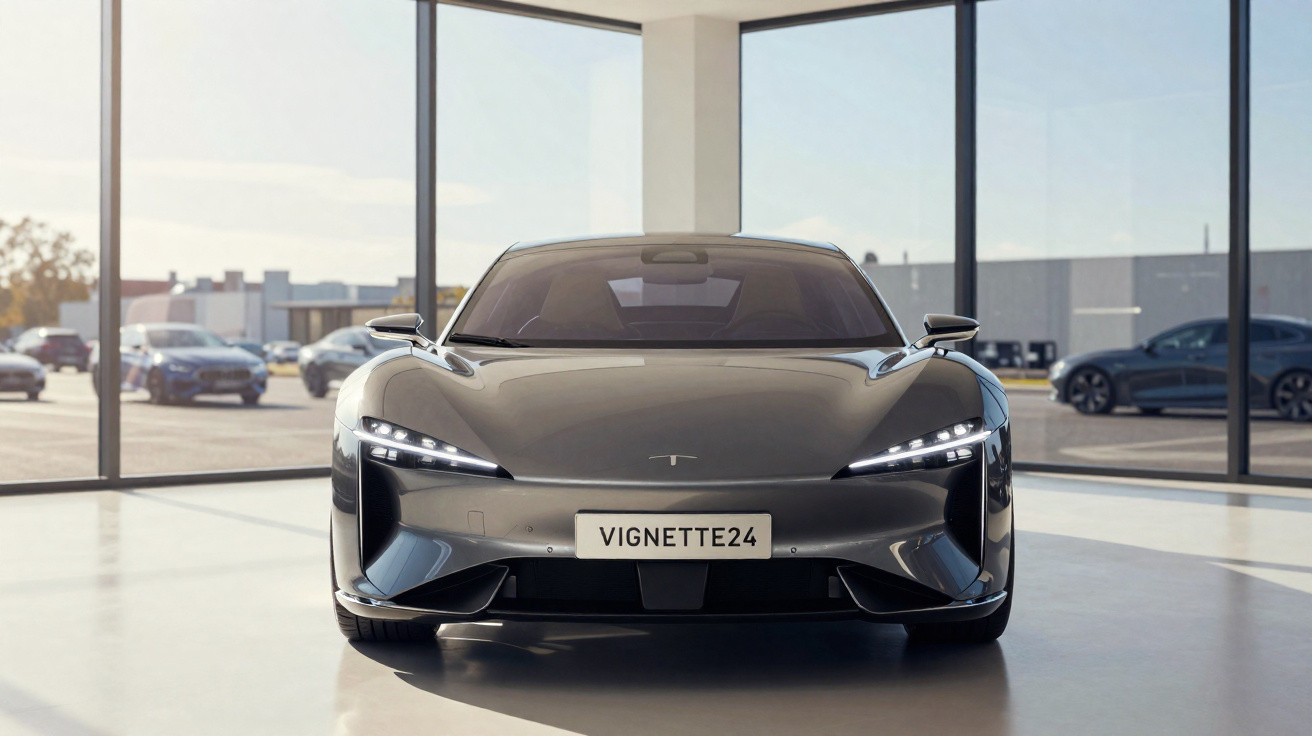 Voiture électrique futuriste grise garée dans un showroom lumineux avec de grandes baies vitrées.