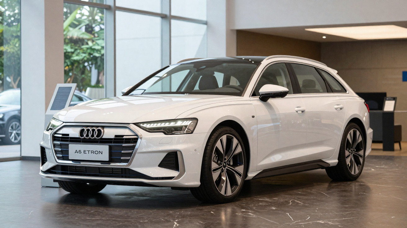 Audi A6 E-tron break blanc exposée dans un showroom moderne avec lumière naturelle.
