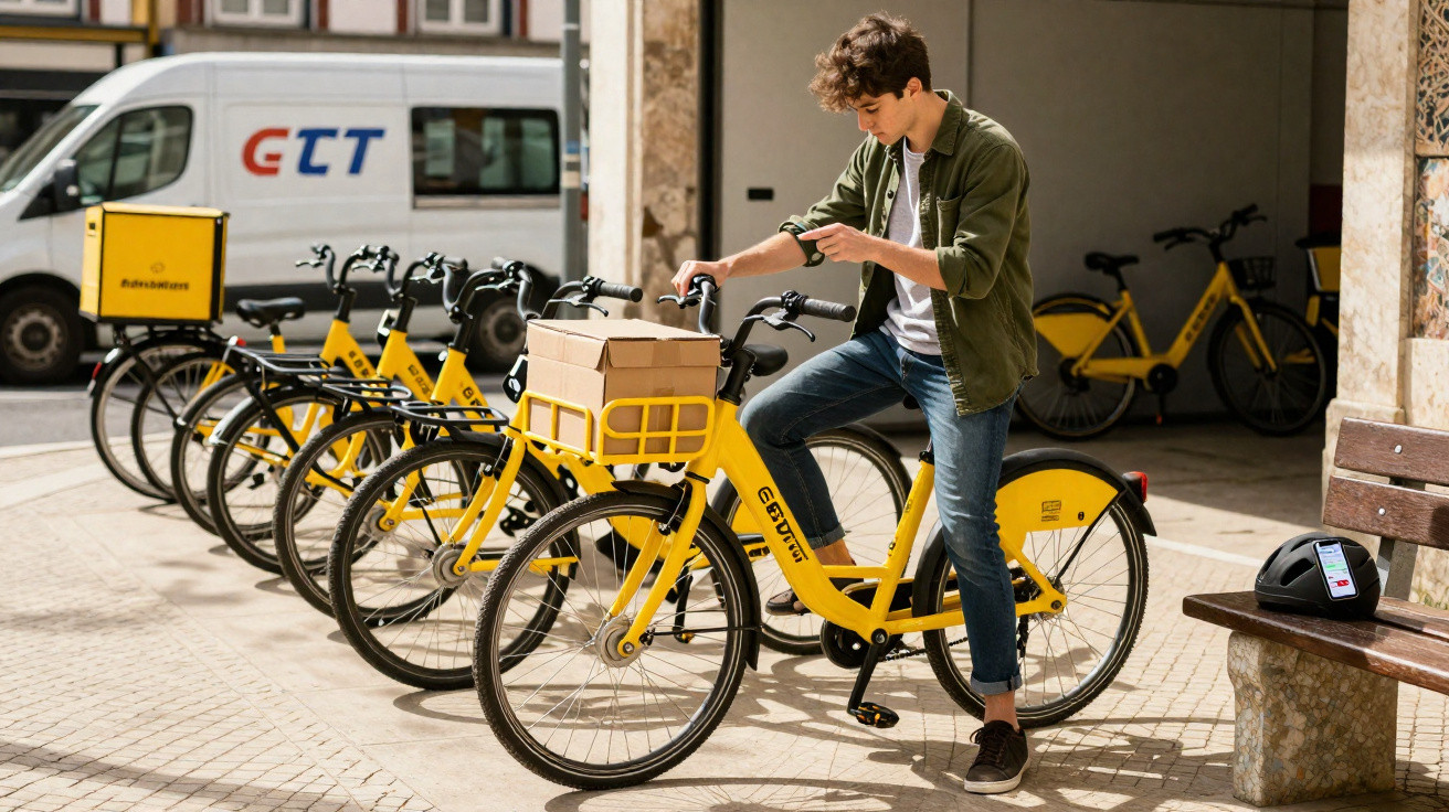Jeune homme assis sur un vélo jaune électrique avec des colis, station de vélos en arrière-plan, ville ensoleillée.