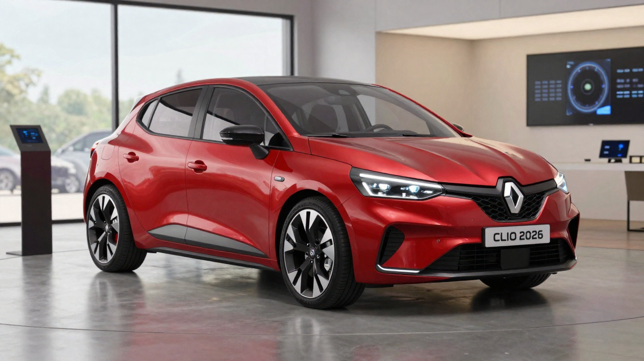 Voiture rouge Renault Clio 2026 exposée dans un showroom moderne avec éclairage intérieur.