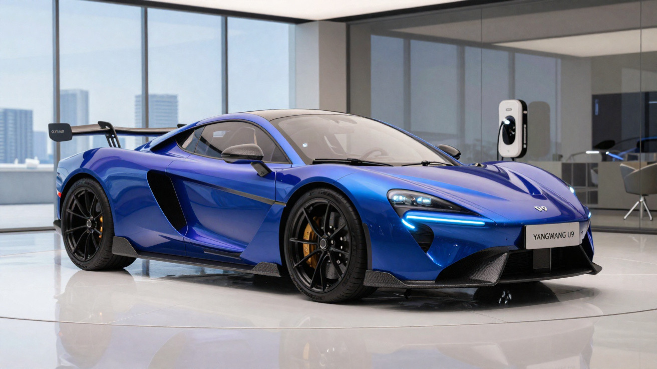 Voiture de sport électrique bleue Yangwang U9 exposée dans un showroom moderne avec borne de recharge murale.
