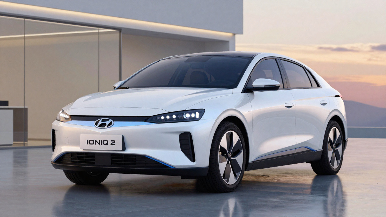 Voiture électrique blanche Hyundai Ioniq 2 stationnée devant un bâtiment moderne au coucher du soleil.