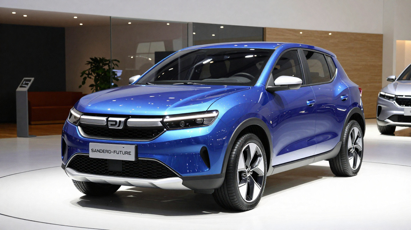 Voiture électrique compacte bleue Sandero Future exposée en intérieur sur un socle rond blanc.