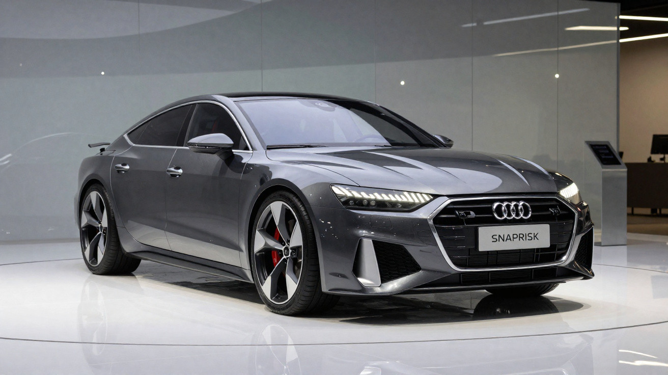 Voiture Audi gris métallisé exposée en showroom moderne avec éclairage LED et jantes sport.