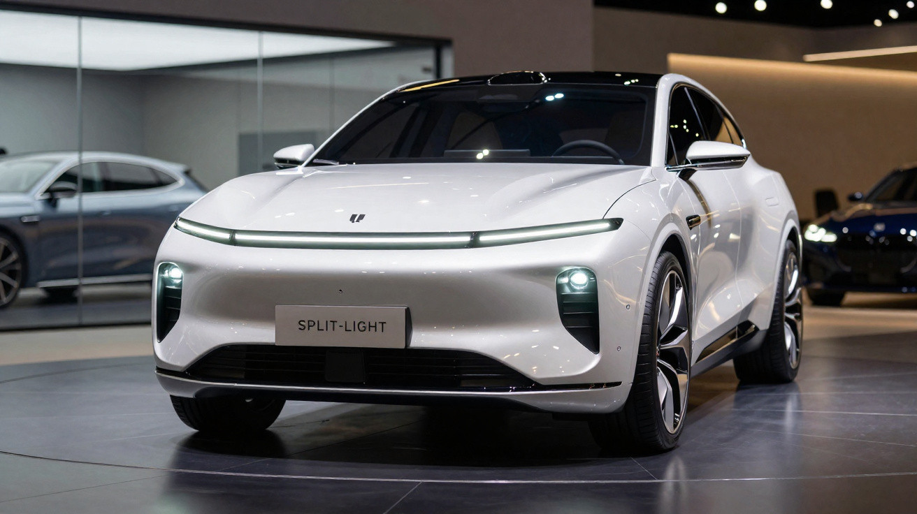 Voiture électrique blanche modèle Split-Light vue de face dans un showroom moderne.
