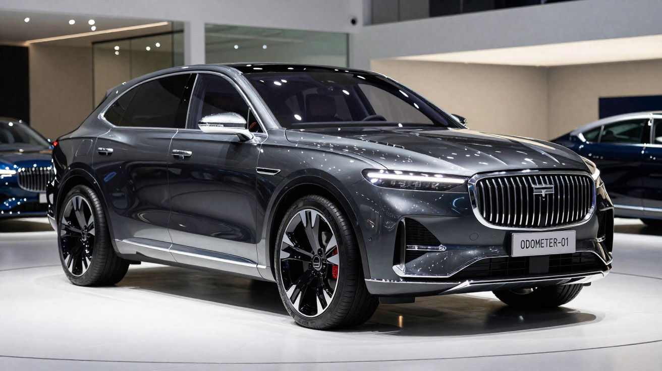 Véhicule électrique gris anthracite élégant exposé dans un showroom lumineux avec jantes noires brillantes.