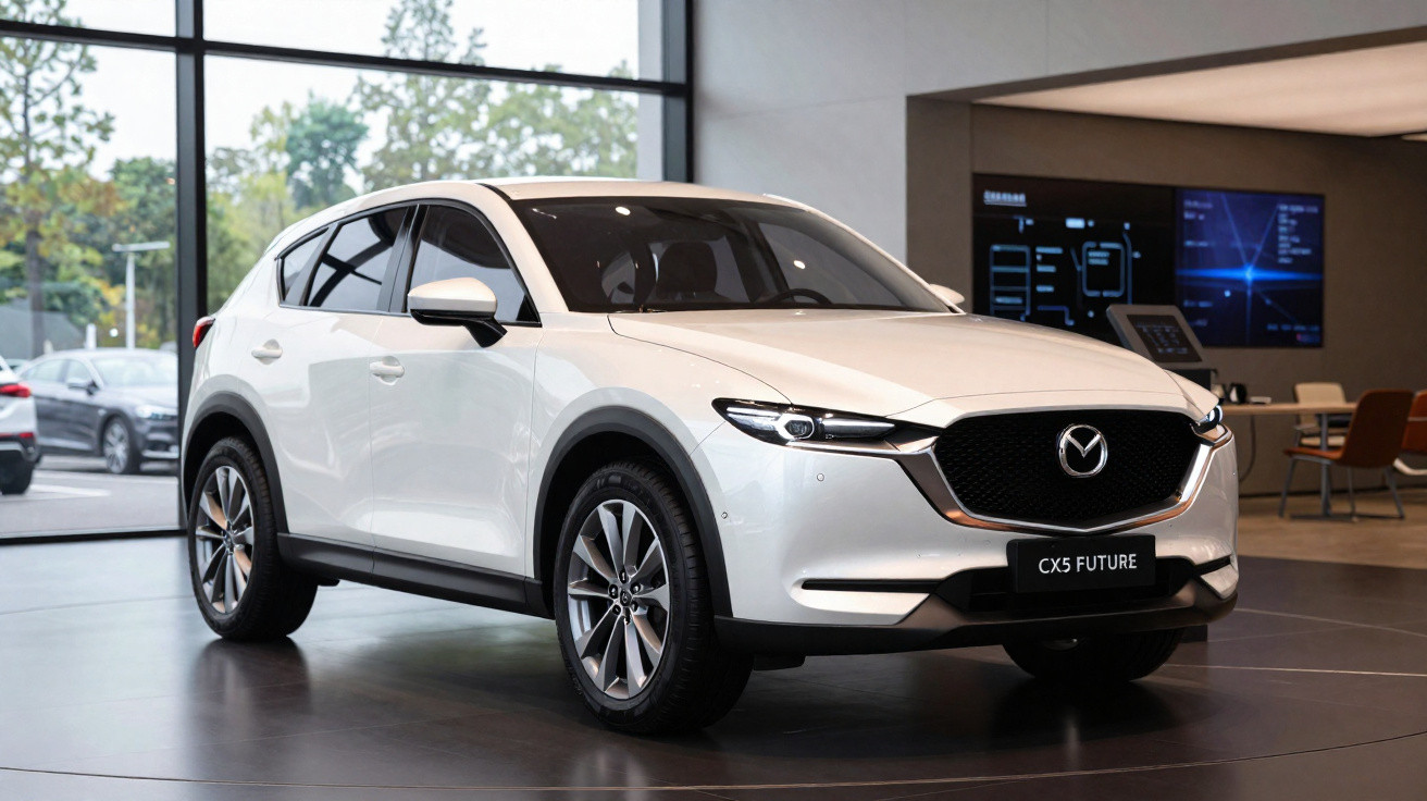 Véhicule SUV blanc Mazda CX5 Future exposé dans un showroom moderne avec mobilier et écrans numériques.