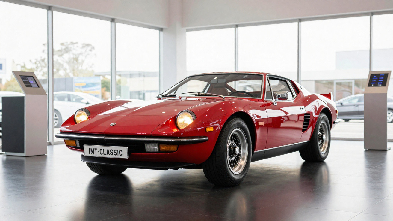 Voiture de sport rouge classique exposée dans un showroom moderne avec de grandes baies vitrées.