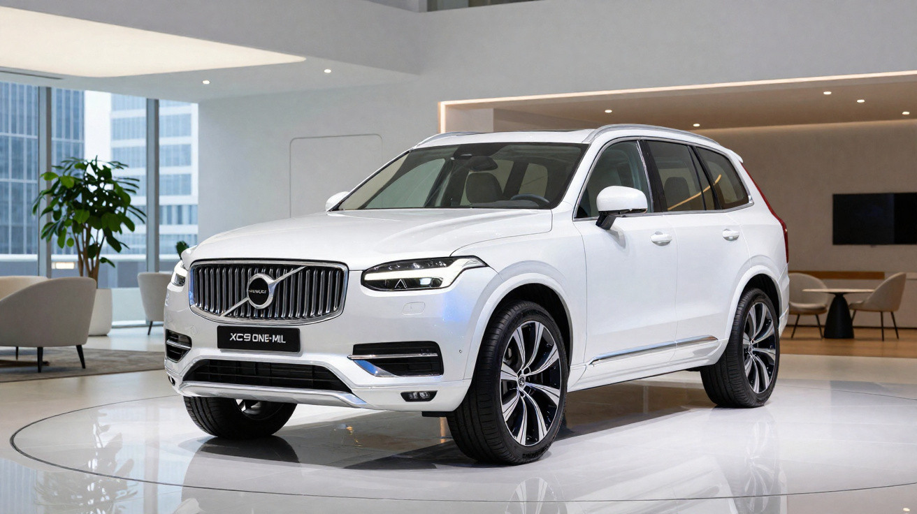 SUV blanc Volvo XC90 exposé dans un showroom moderne avec sol brillant et mobilier contemporain.