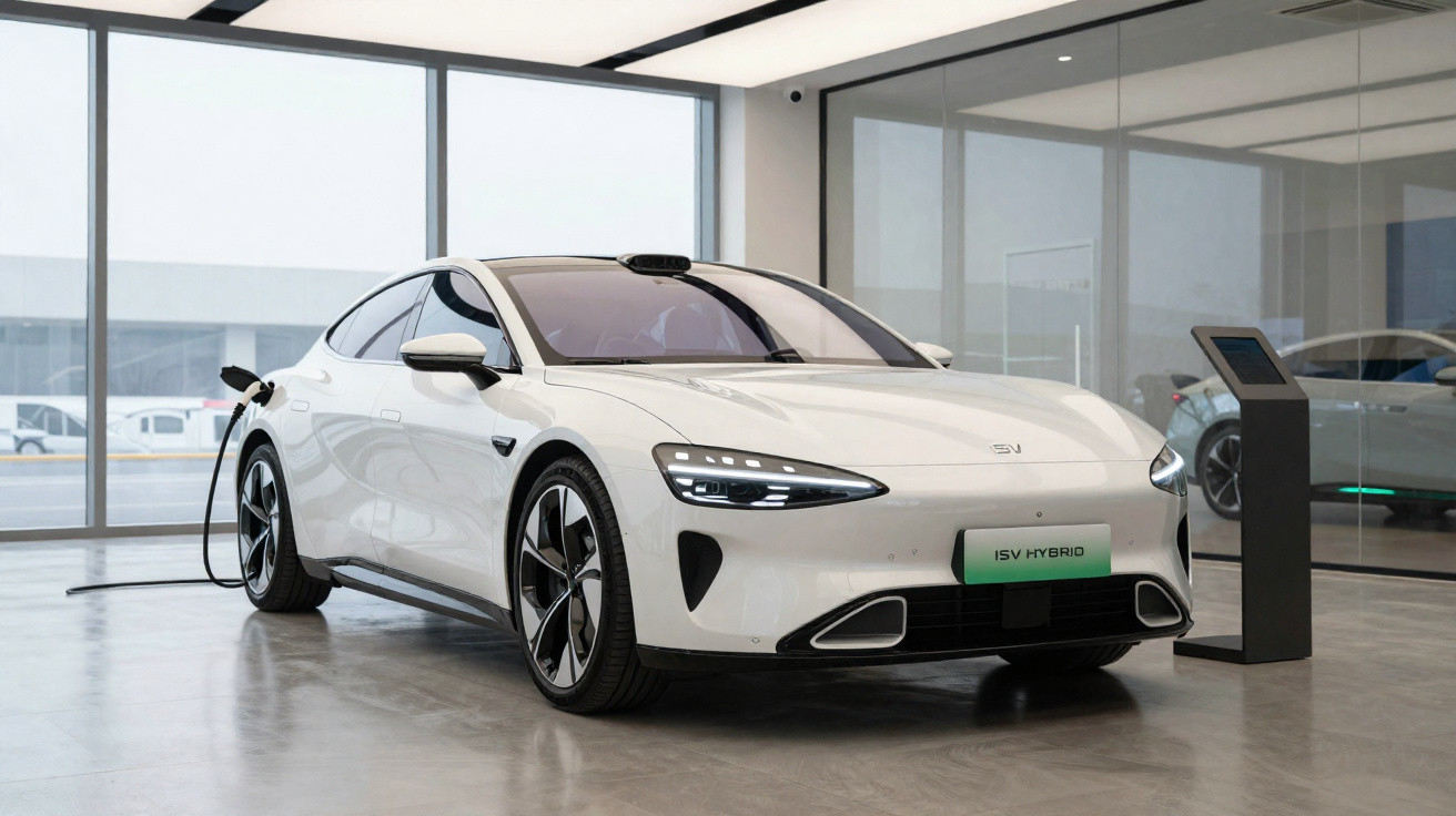 Voiture électrique blanche en charge dans un showroom moderne avec sol en béton poli et grandes fenêtres.