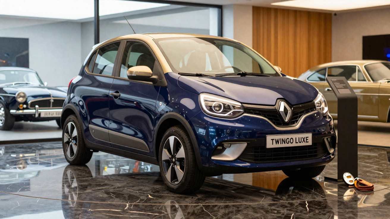 Voiture Renault Twingo Luxe bleue et beige exposée dans un showroom avec d'autres voitures classiques en arrière-plan.