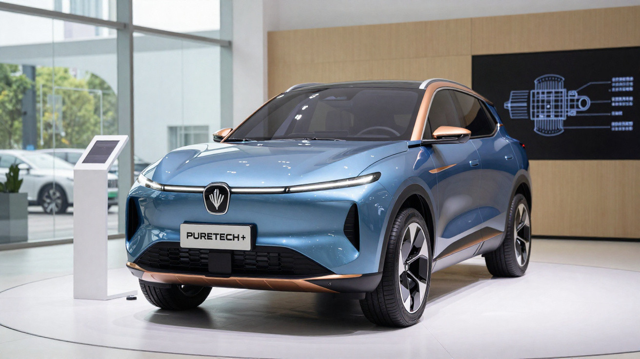 Véhicule électrique bleu métallisé exposé en showroom avec logo Noir et écusson Puretech+ sur la calandre.