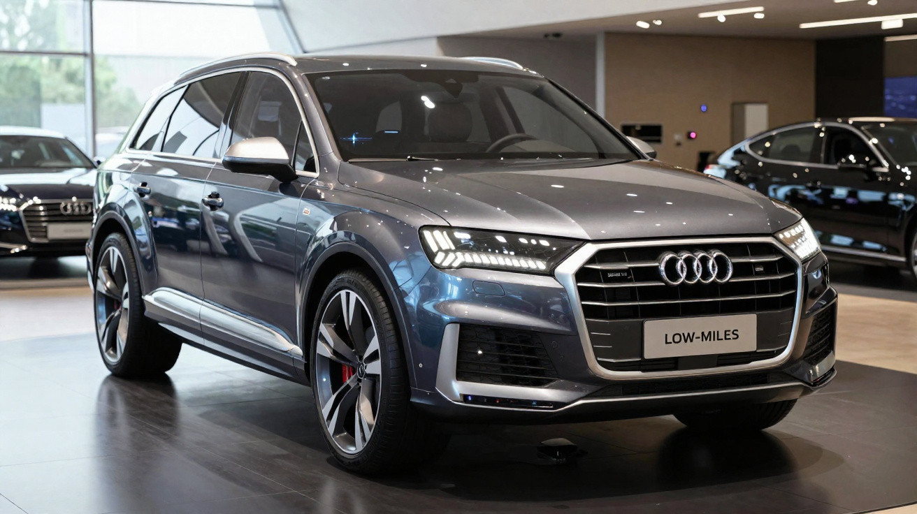 Audi Q7 grise exposée en intérieur, avec phares allumés et plaque "LOW-MILES" visible à l'avant.