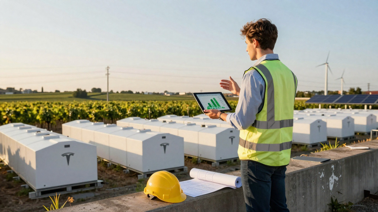 Technicien en haute visibilité analysant des données sur tablette devant des batteries Tesla en extérieur.