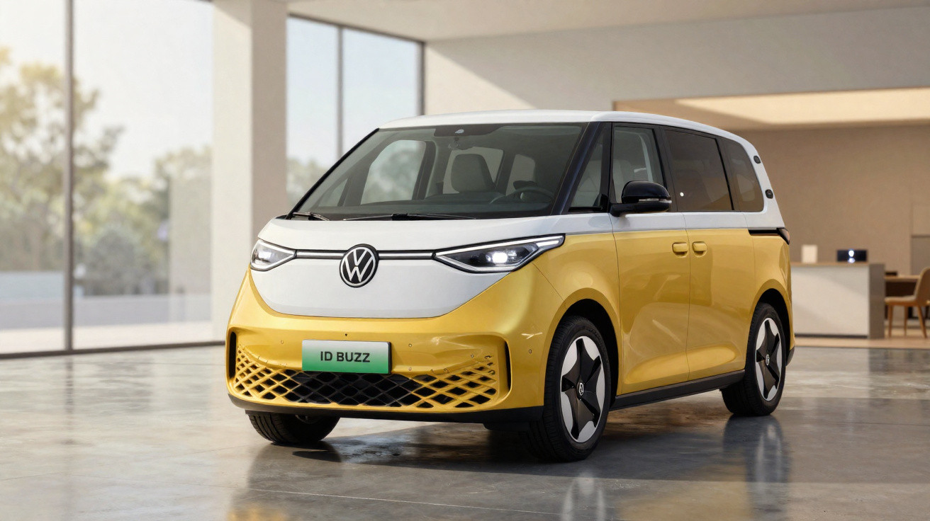 Minivan électrique Volkswagen ID.Buzz bicolore jaune et blanc dans un intérieur lumineux moderne.