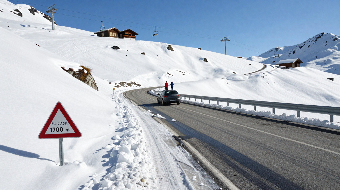 Route de montagne enneigée avec un panneau indiquant Pla d'Adet à 1700 mètres, deux personnes et une voiture.
