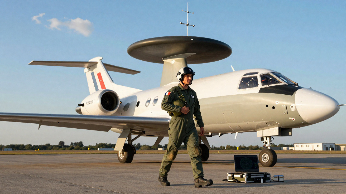 Officier en combinaison de vol marchant devant un avion militaire équipé d'un radar aéroporté au sol.