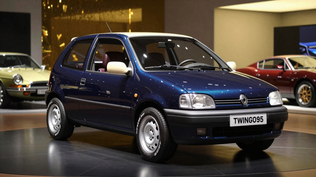 Petite Renault Twingo bleue exposée dans un musée automobile avec d'autres voitures anciennes en arrière-plan.