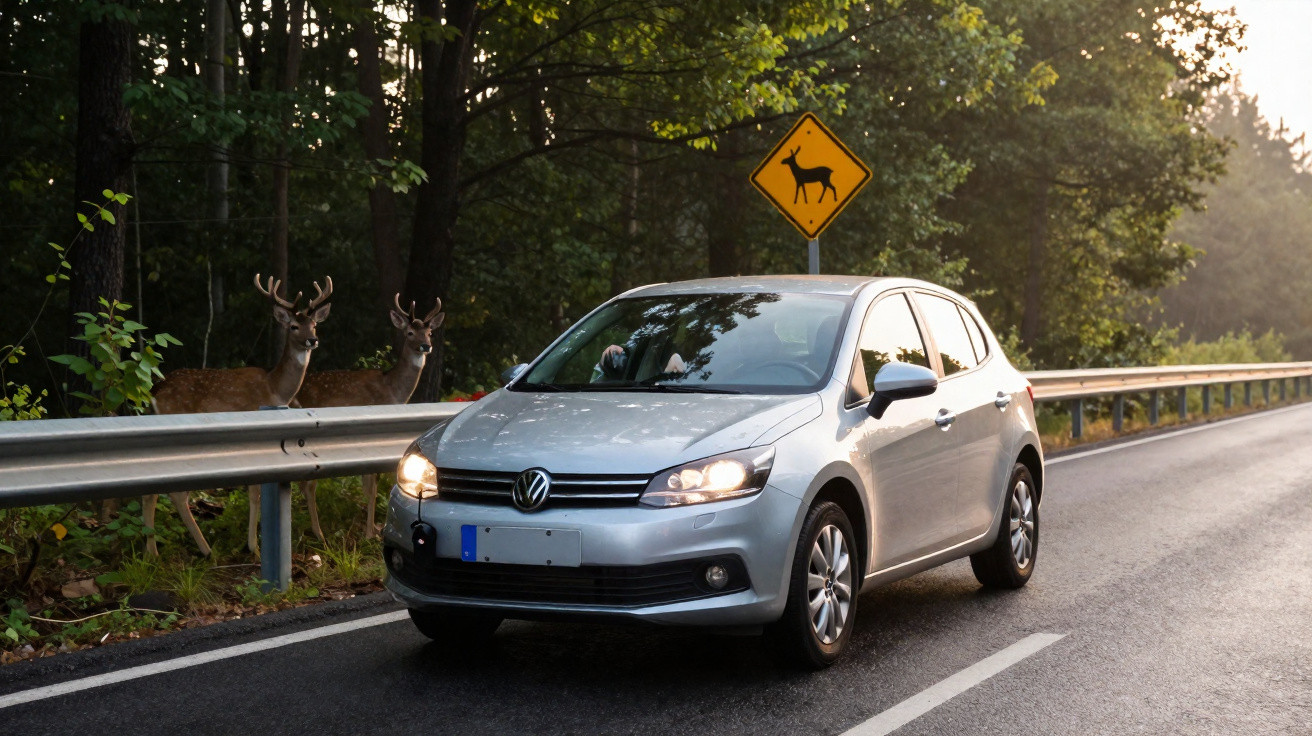 Voiture grise arrêtée près de deux cerfs au bord d'une route forestière avec un panneau de signalisation animaux.
