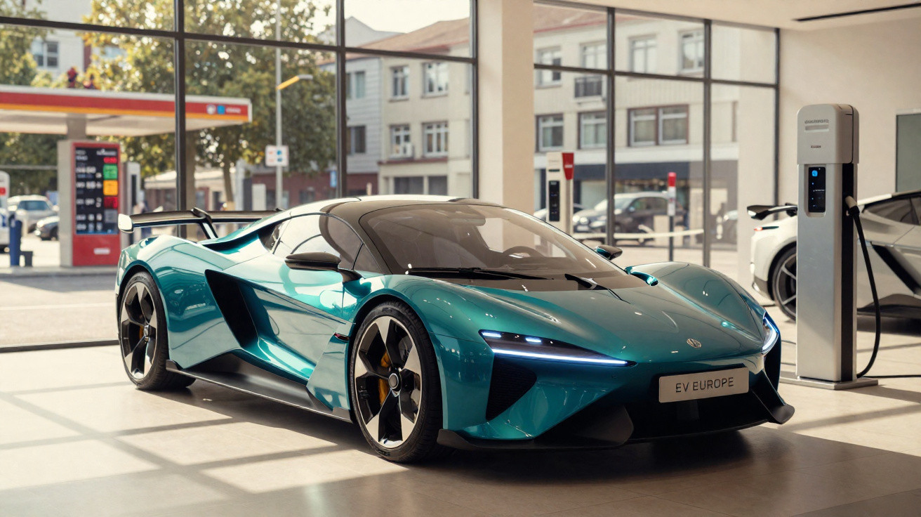Voiture sportive électrique bleue turquoise avec éclairage LED, chargeur EV dans showroom lumineux.