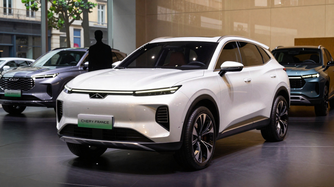 SUV blanc moderne exposé dans un showroom avec deux autres véhicules en arrière-plan.