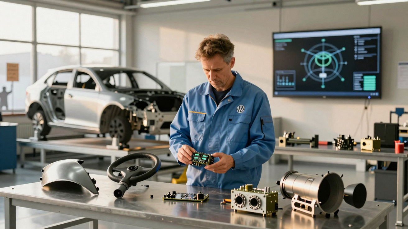 Ingénieur Volkswagen examine un composant électronique, voiture en assemblage en arrière-plan dans un atelier high-tech.