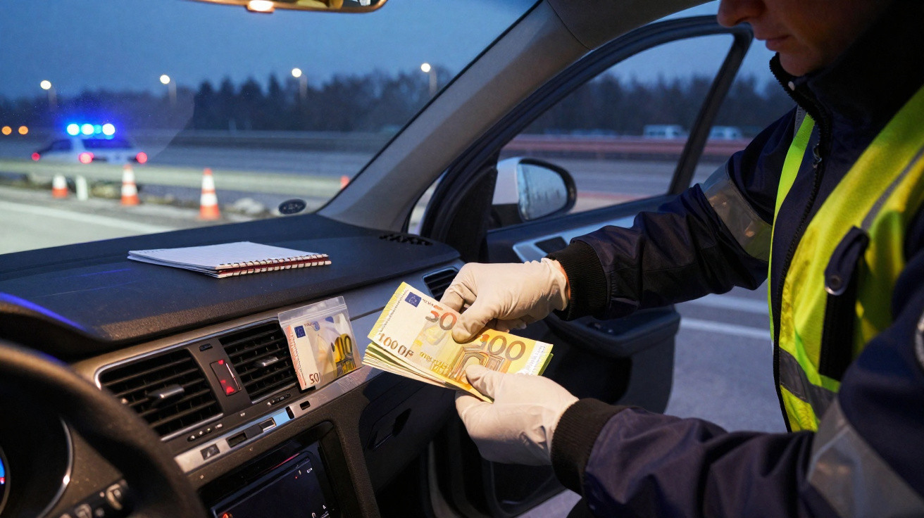 Un policier en gilet jaune ramasse des billets d'euros dans une voiture lors d'un contrôle routier.