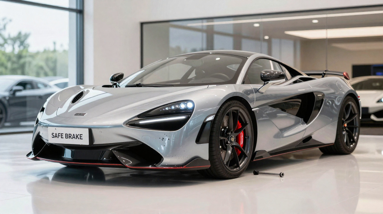 Voiture de sport grise brillante en showroom, phares allumés, pneus noirs et étriers de frein rouges.