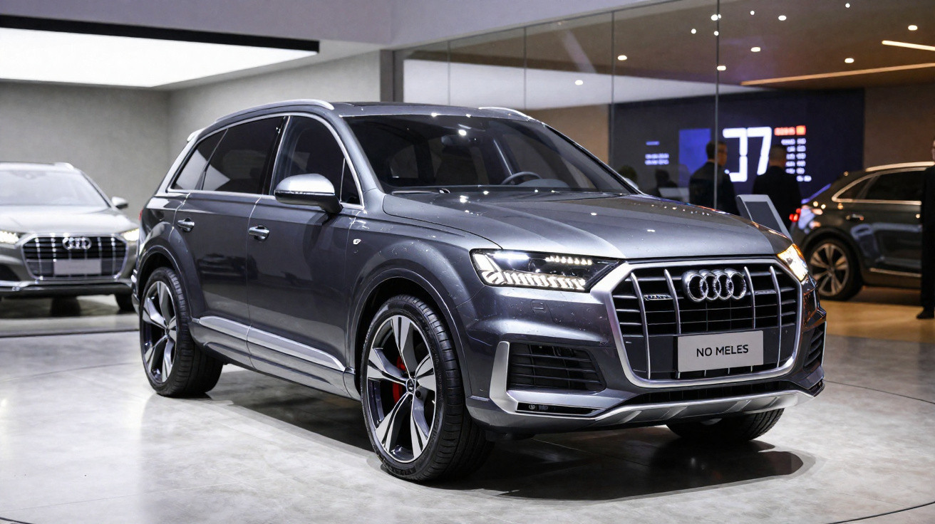 SUV Audi gris métallisé exposé en intérieur dans un showroom moderne avec éclairage tamisé.