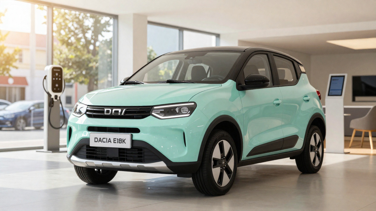 Voiture électrique Dacia E18K bleu clair exposée dans un showroom moderne avec borne de recharge visible.