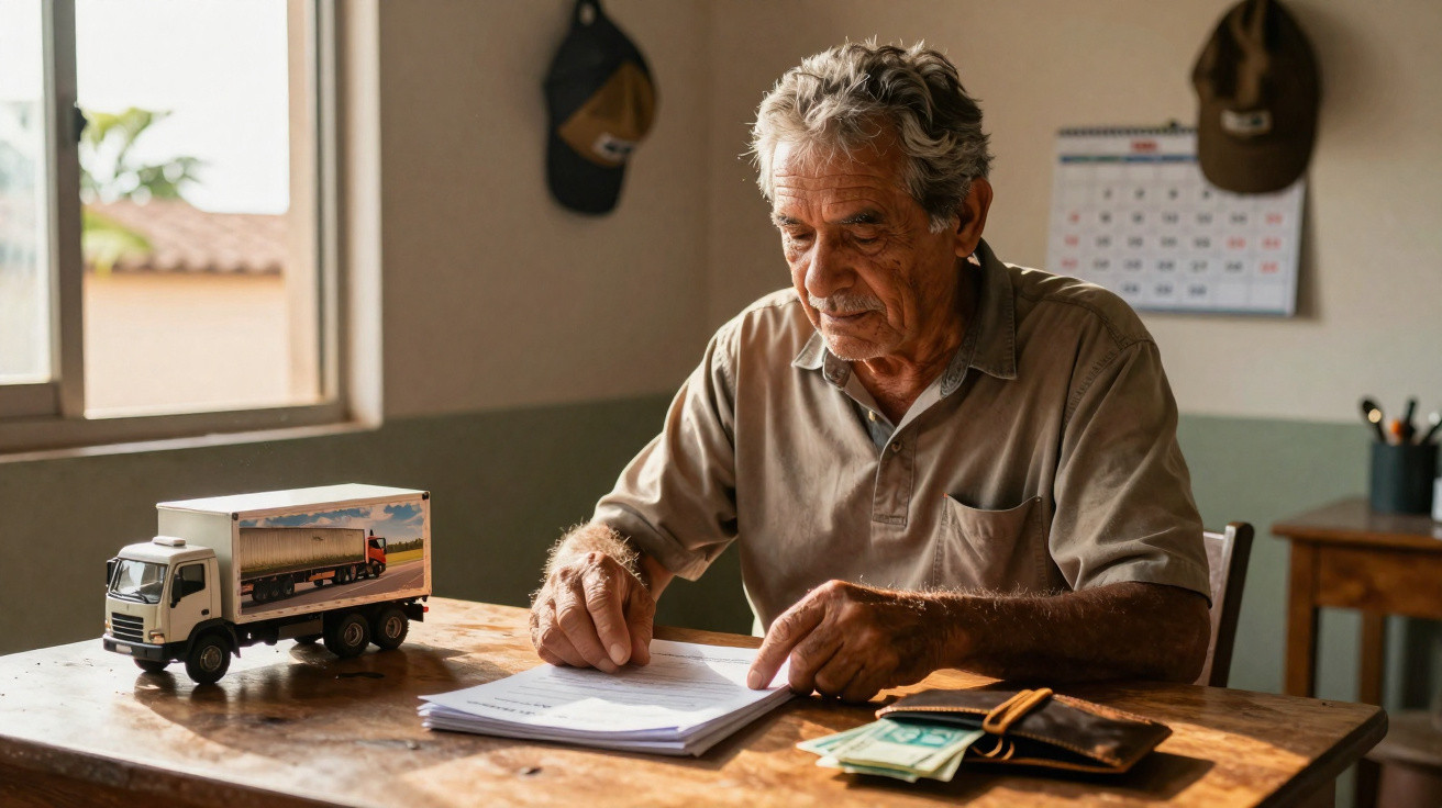 Homme âgé examinant des papiers à une table en bois avec un petit camion jouet, un portefeuille et des billets.