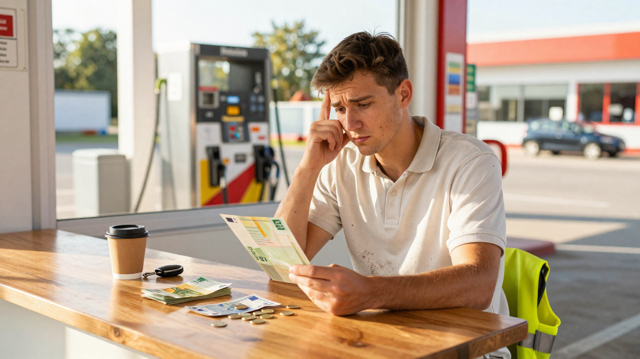 Homme pensif à une table de station-service avec facture, monnaie, clé de voiture et gobelet de café.