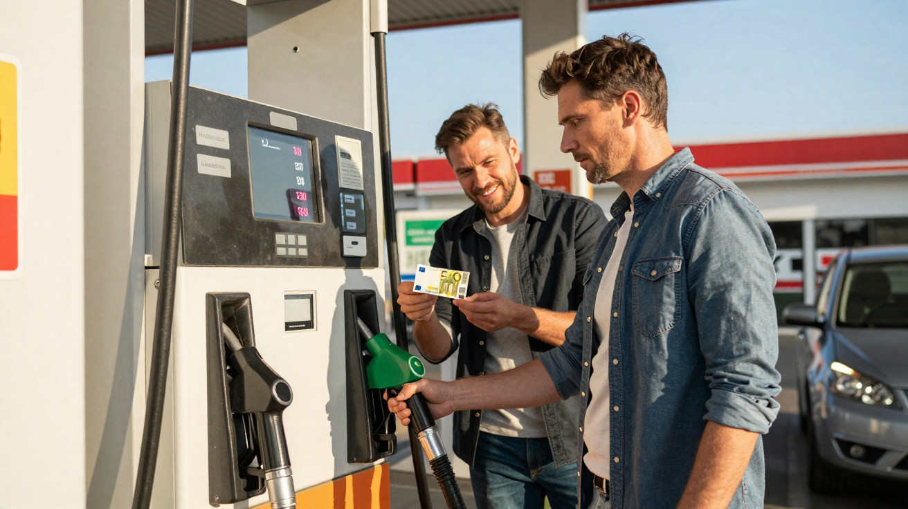 Deux hommes font le plein à une station-service, l'un tient un billet et l'autre la pompe à essence.