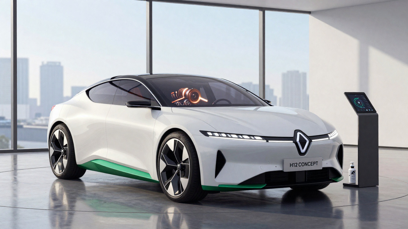 Voiture électrique blanche design futuriste H12 Concept exposée en intérieur devant un grand vitrage urbain.