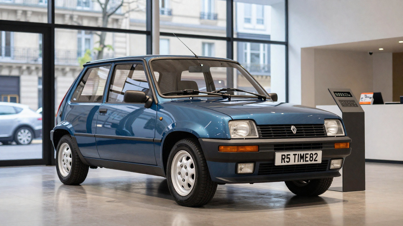 Renault 5 bleue exposée dans un showroom moderne avec un sol lisse et de grandes fenêtres vitrées.