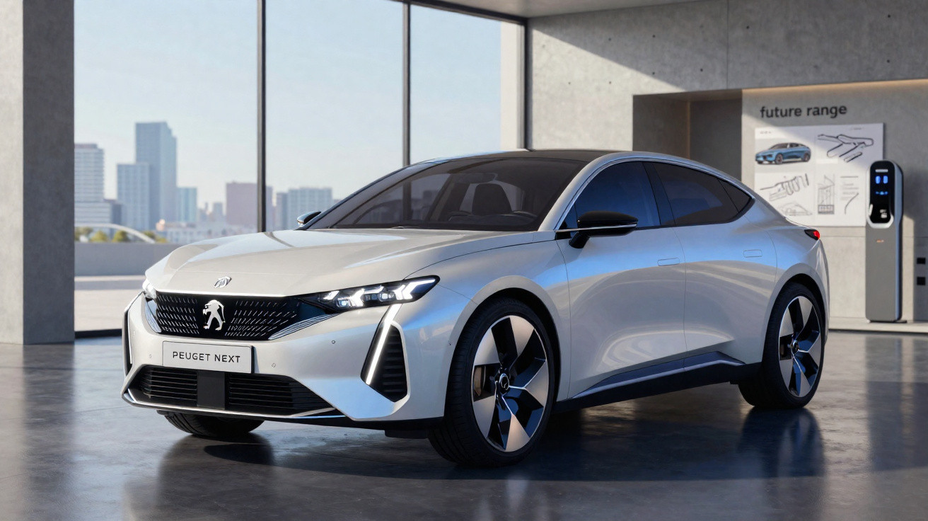 Voiture électrique Peugeot Next blanche dans un showroom moderne avec prise de recharge et vue urbaine.