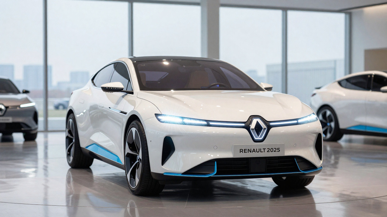 Voiture électrique blanche concept Renault 2025 en showroom avec éclairage LED moderne.