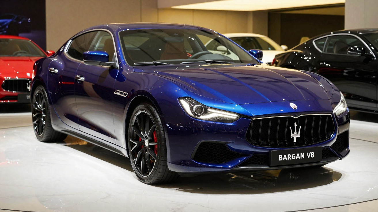 Voiture de sport Maserati Bargan V8 bleue exposée en intérieur avec plusieurs autres voitures en arrière-plan.