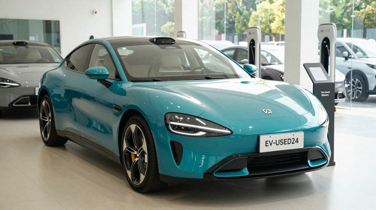 Voiture électrique sportive bleu turquoise exposée dans un showroom moderne avec bornes de recharge.