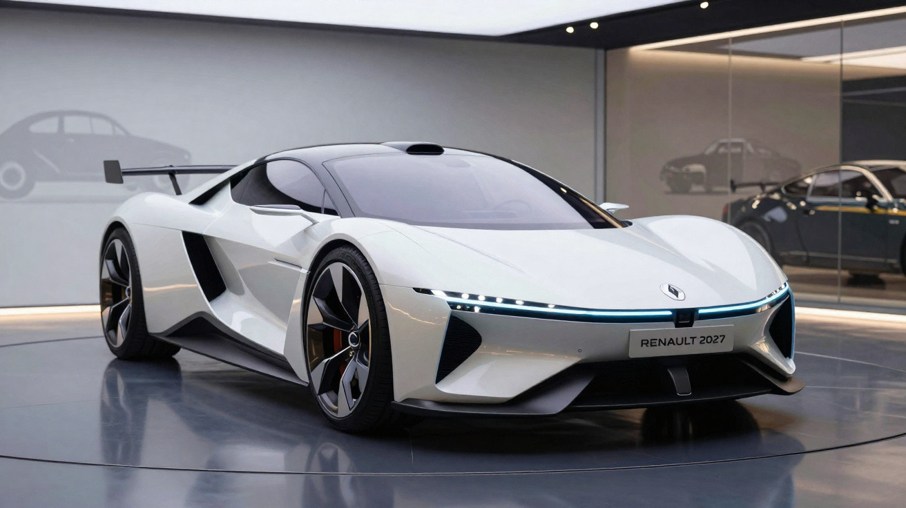 Voiture de sport blanche futuriste Renault 2027 exposée dans un showroom moderne avec éclairage doux.