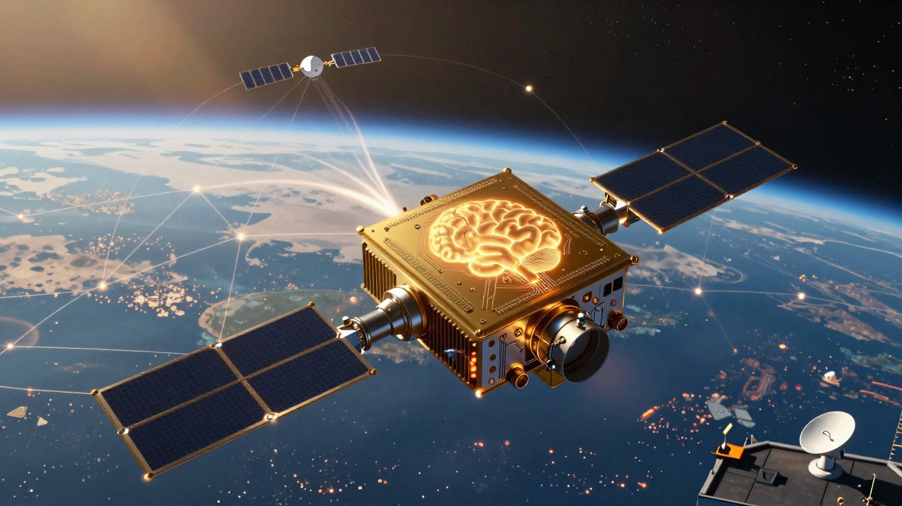 Satellite futuriste en orbite terrestre, équipé d’un circuit imprimé avec un cerveau brillant symbolisant l’IA.