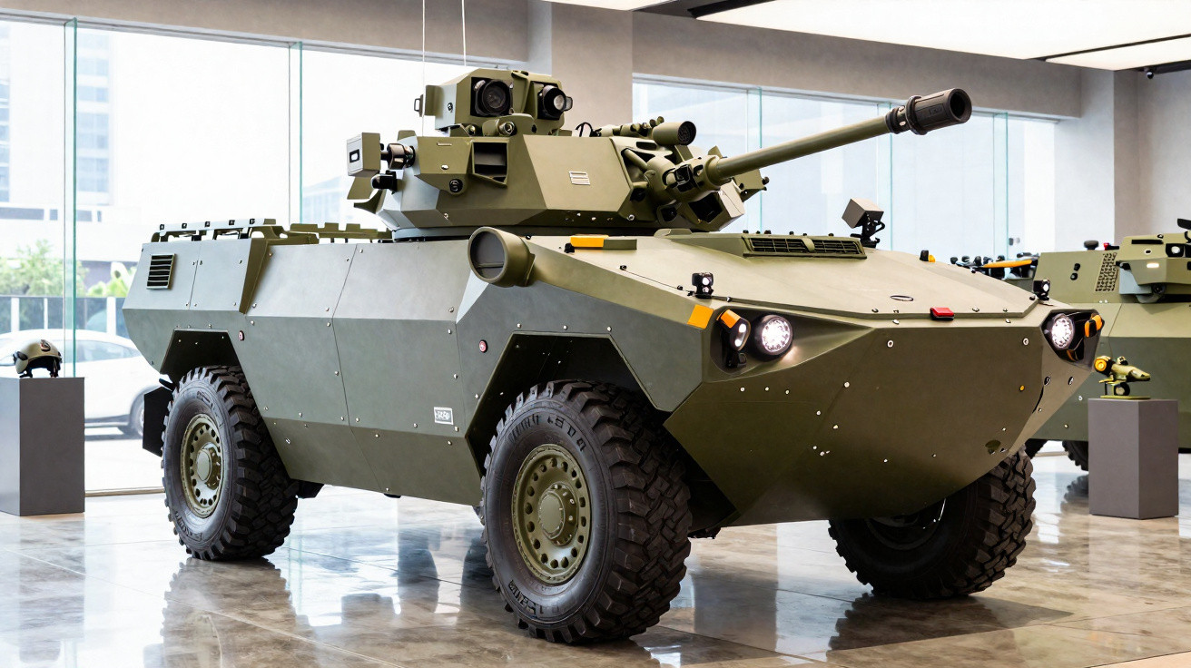 Véhicule blindé militaire vert olive exposé dans un bâtiment moderne avec grandes fenêtres.
