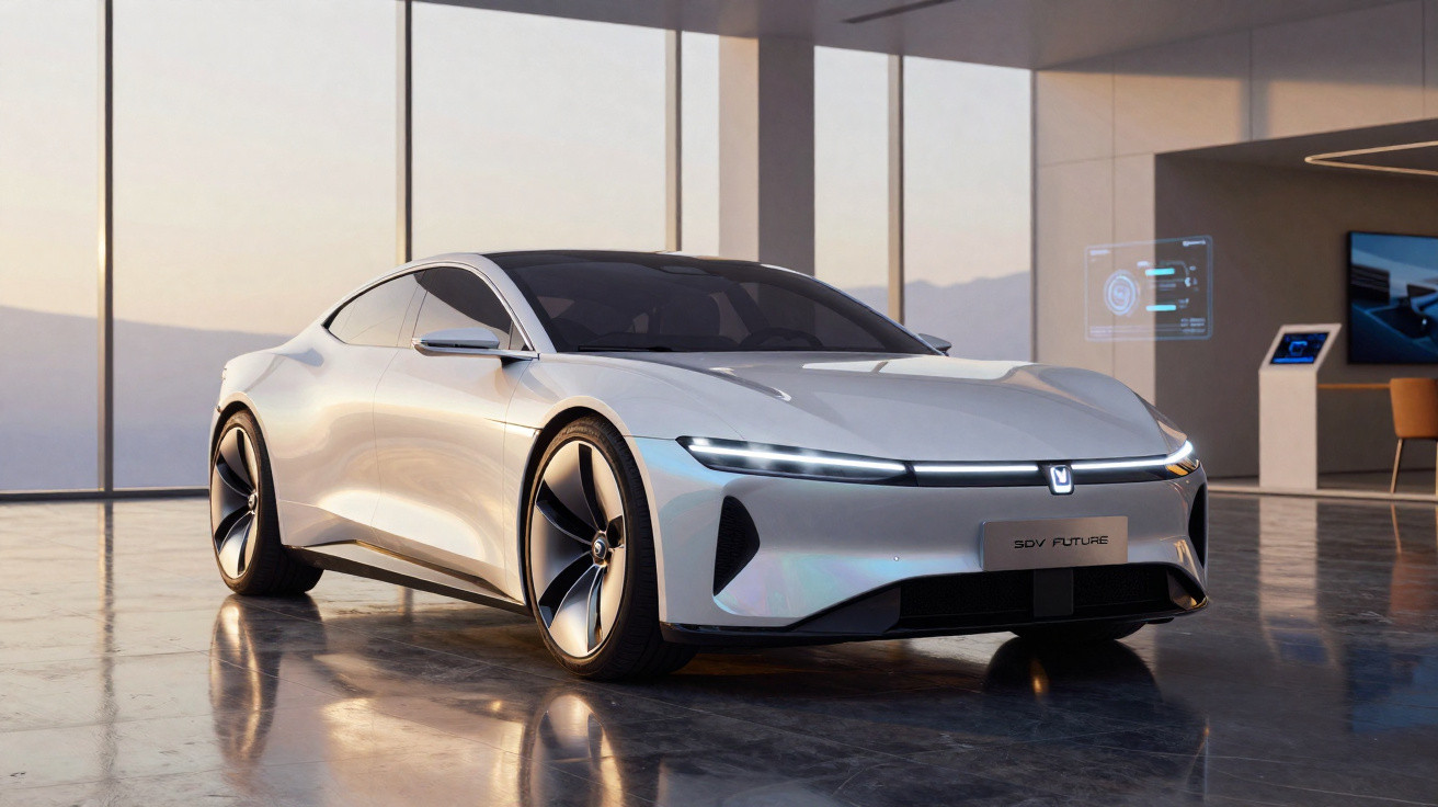 Voiture électrique blanche au design futuriste exposée dans un showroom moderne avec grandes fenêtres.