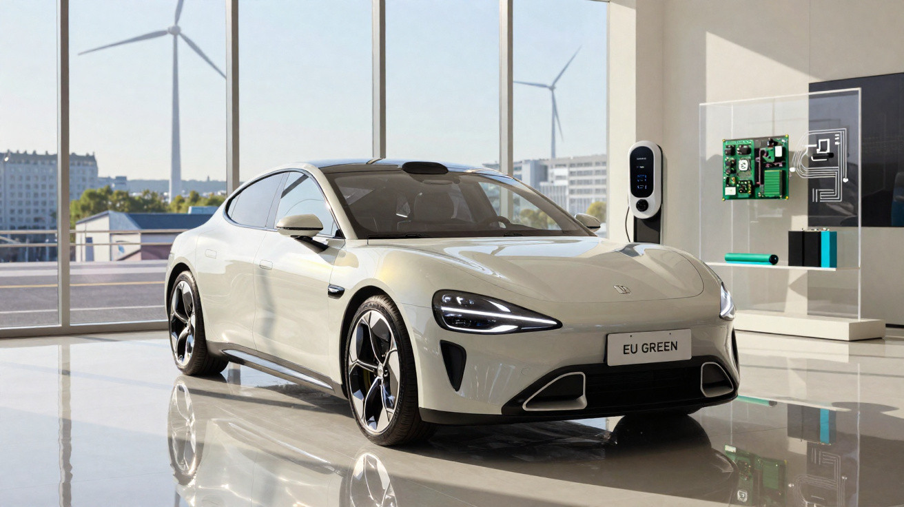 Voiture électrique blanche moderne dans un showroom lumineux avec fenêtres et éoliennes en arrière-plan.