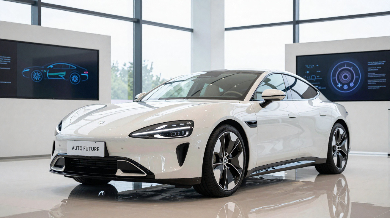 Voiture électrique blanche moderne exposée dans un showroom lumineux avec vitres panoramiques et écrans numériques.