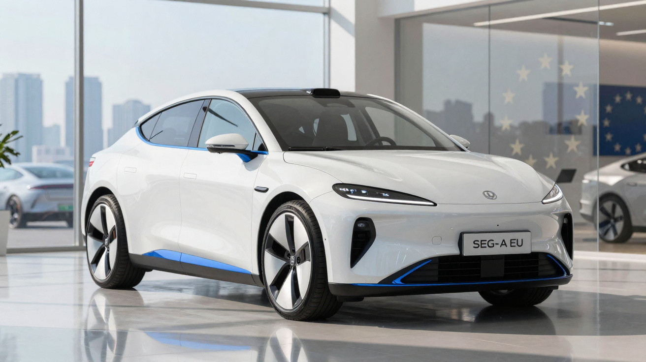 Voiture électrique blanche moderne dans un showroom lumineux avec des accents bleus et plaque SEG-A EU.
