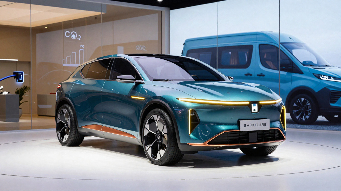Voiture électrique moderne bleu turquoise exposée dans un showroom lumineux avec affichage numérique en arrière-plan.