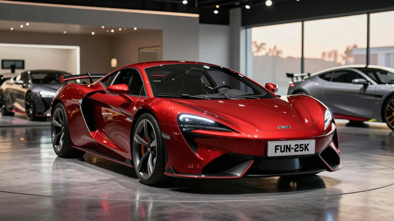 Voiture sportive rouge brillante exposée dans un showroom moderne avec plusieurs autres voitures en arrière-plan.