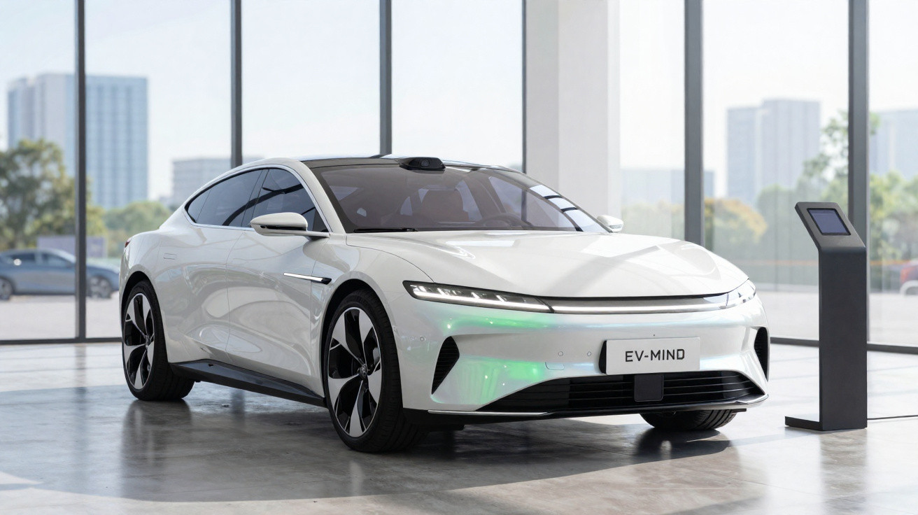 Voiture électrique blanche moderne garée dans un showroom lumineux avec un socle de commande tactile à côté.